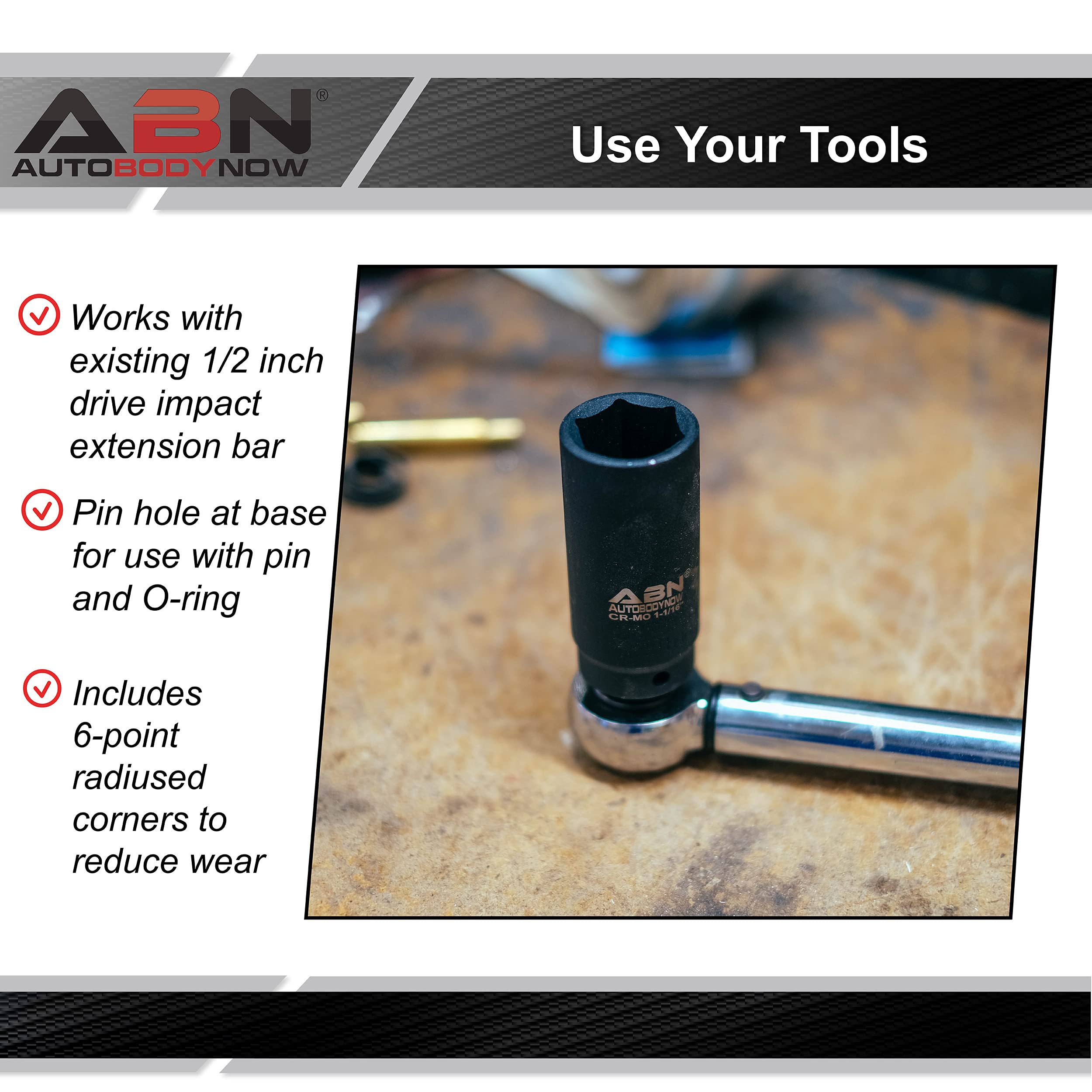 ABN 1/2 Inch Drive 1-1/16 Inch Socket - Deep Impact SAE Sockets 1-Pack, 6 Point CR-MO SAE Deep Socket Impact Sockets 1pk - Image 5