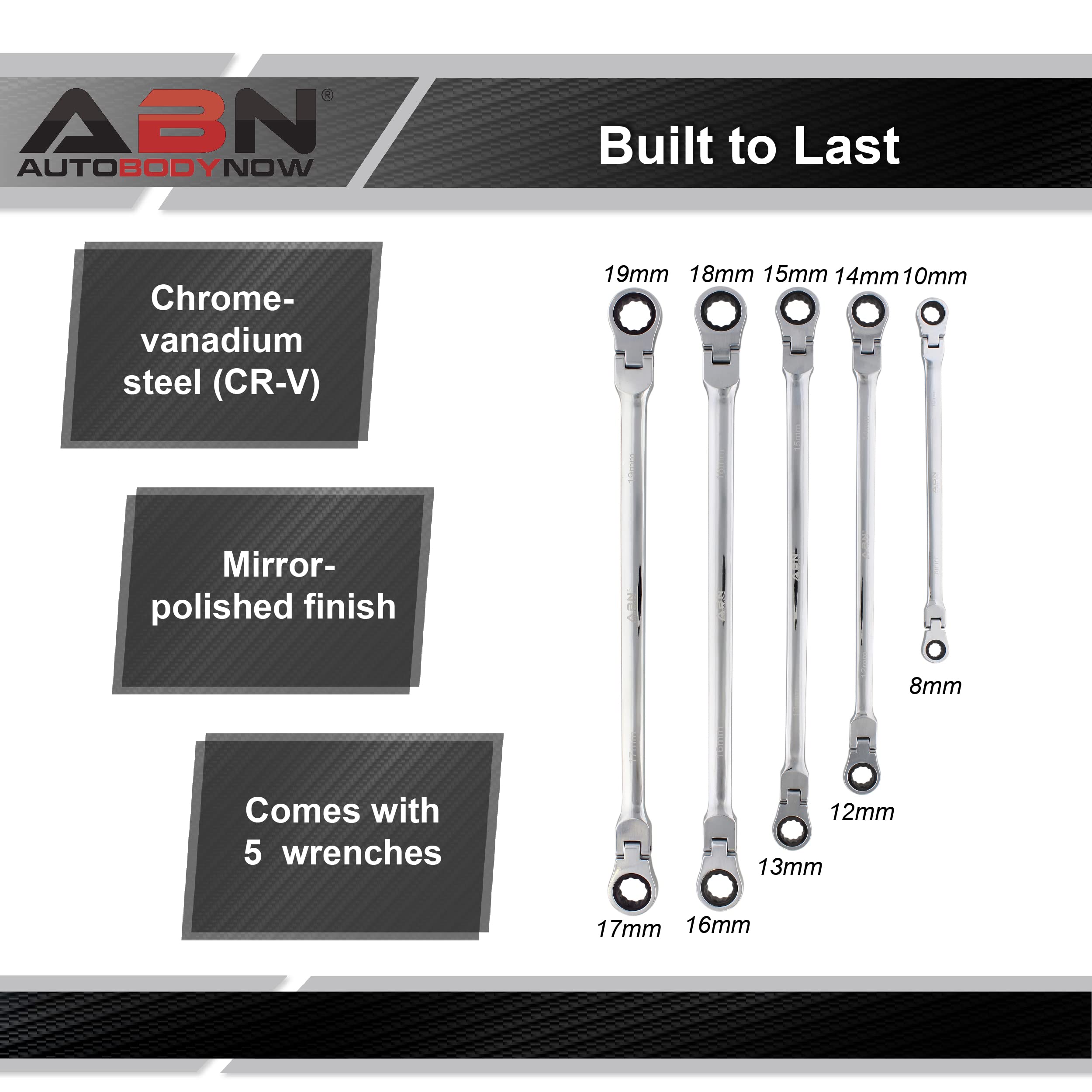ABN 5pc Ratcheting Wrench Set - Ratchet Tools Double End Flex Head Replacement Tools for Metric Ratcheting Wrench Set - Image 3