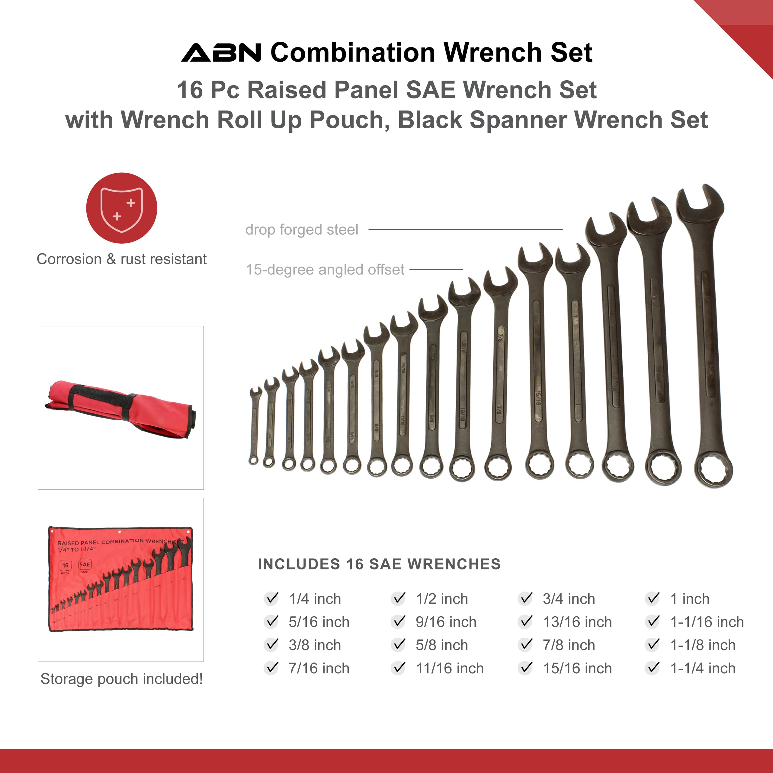 ABN Combination Wrenches Set Metric and Standard - 32 Piece SAE and Metric Wrench Set with Roll Up Pouch - Image 3