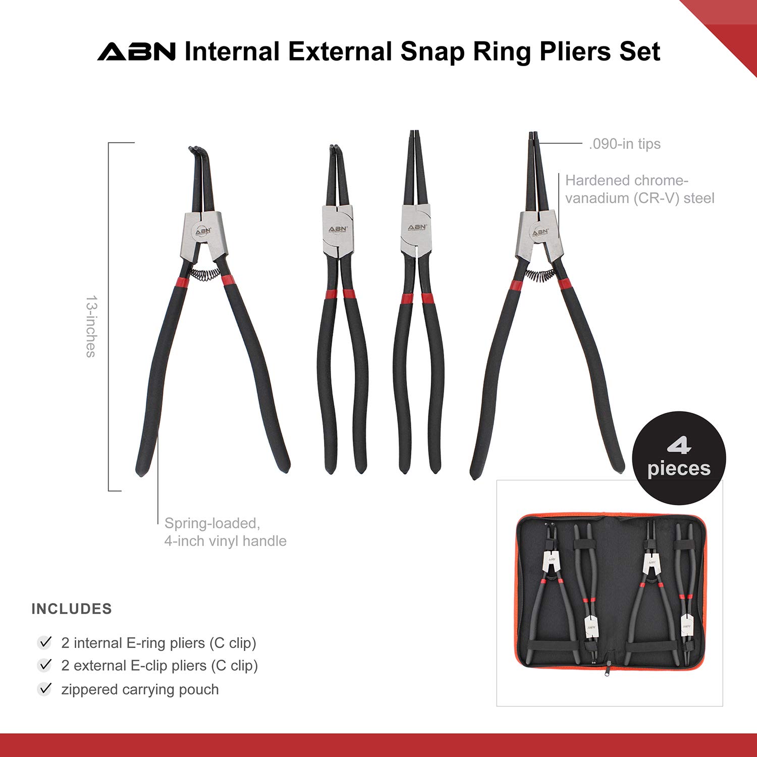 ABN Extra Long Snap Ring Pliers Set - 4pc Lock Ring Pliers with 4mm Tips for Internal and External O and Circlip Removal - Image 3