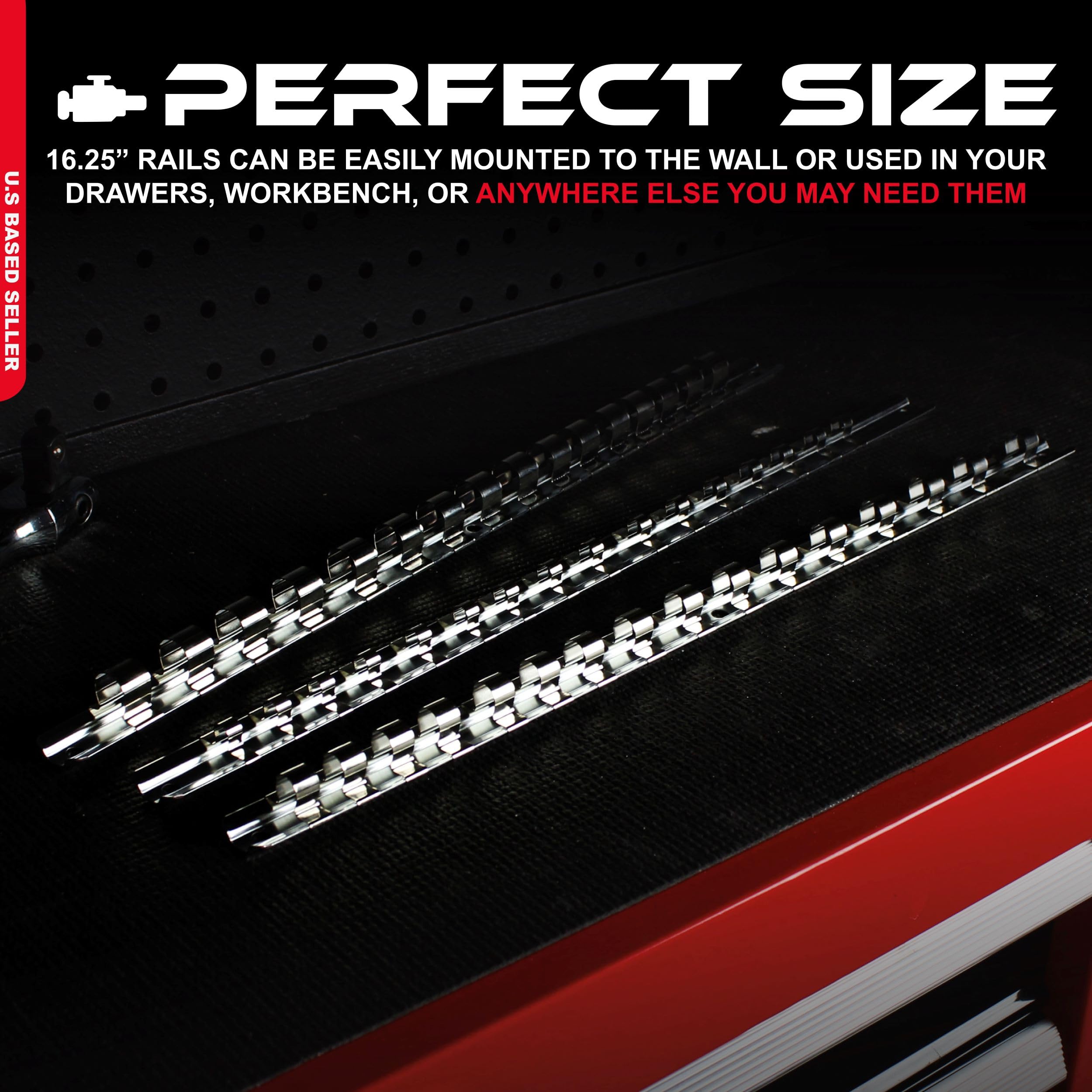 ABN Metal Socket Organizer Tray - 3pc Set 1/4in, 3/8in, 1/2in Drive Socket Tray & Clips - Image 3